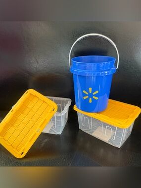 Lowes Teeny Tote tiny mini miniature clear bin AND Walmart logo blue bucket